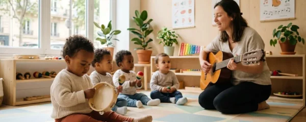 Bébé de 15 mois tenant un petit tambourin lors d'un atelier d'éveil musical en petit groupe dans un centre parisien lumineux aux tons pastel, animatrice et autres enfants visibles en arrière-plan