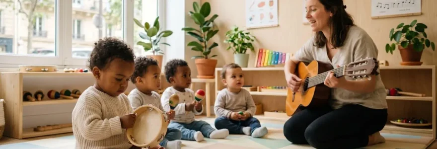 Bébé de 15 mois tenant un petit tambourin lors d'un atelier d'éveil musical en petit groupe dans un centre parisien lumineux aux tons pastel, animatrice et autres enfants visibles en arrière-plan