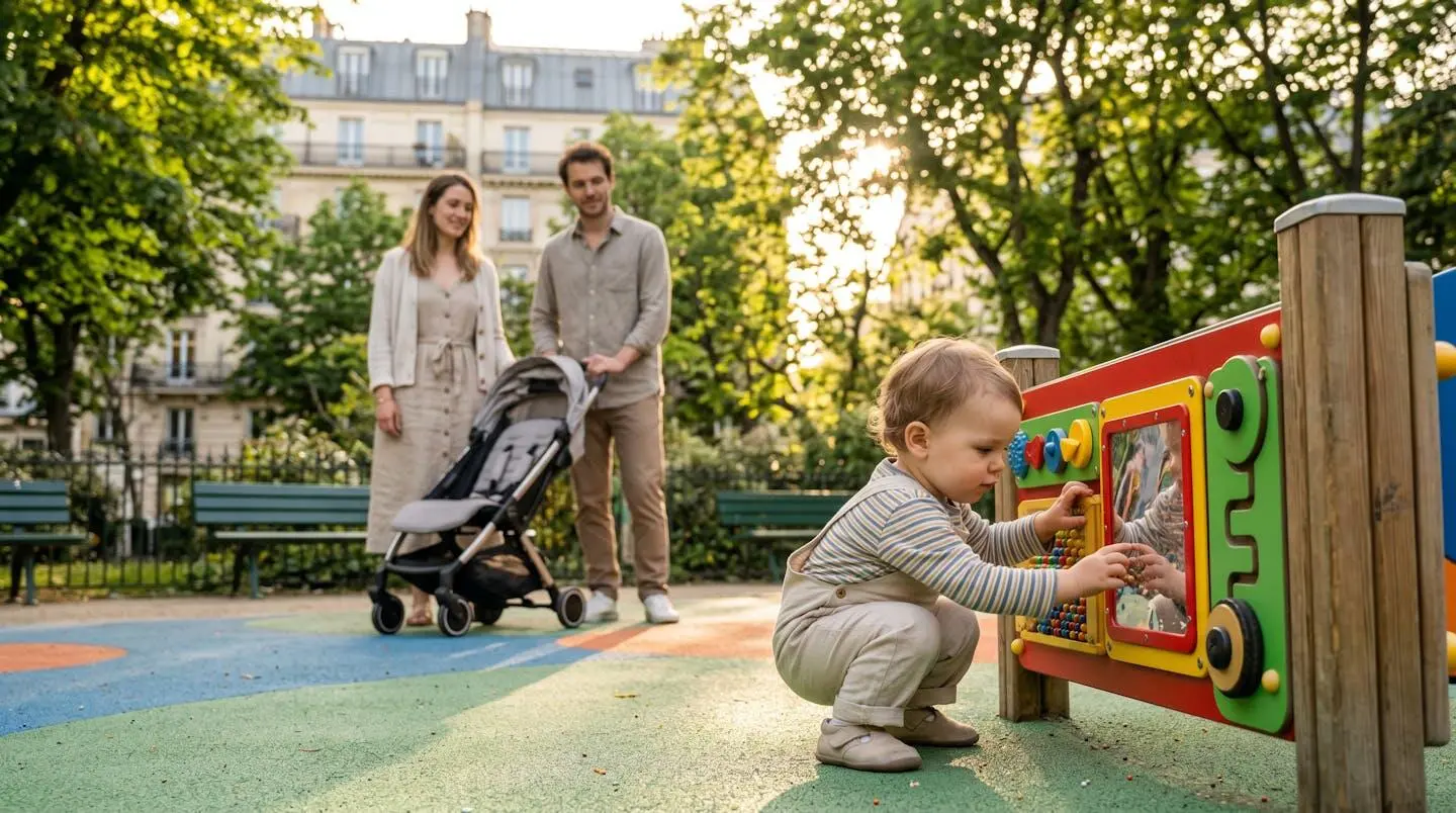 Enfant de 20 mois explorant un panneau de jeux sensoriels dans un espace adapté aux tout-petits d'un parc parisien arboré, parents avec poussette en arrière-plan