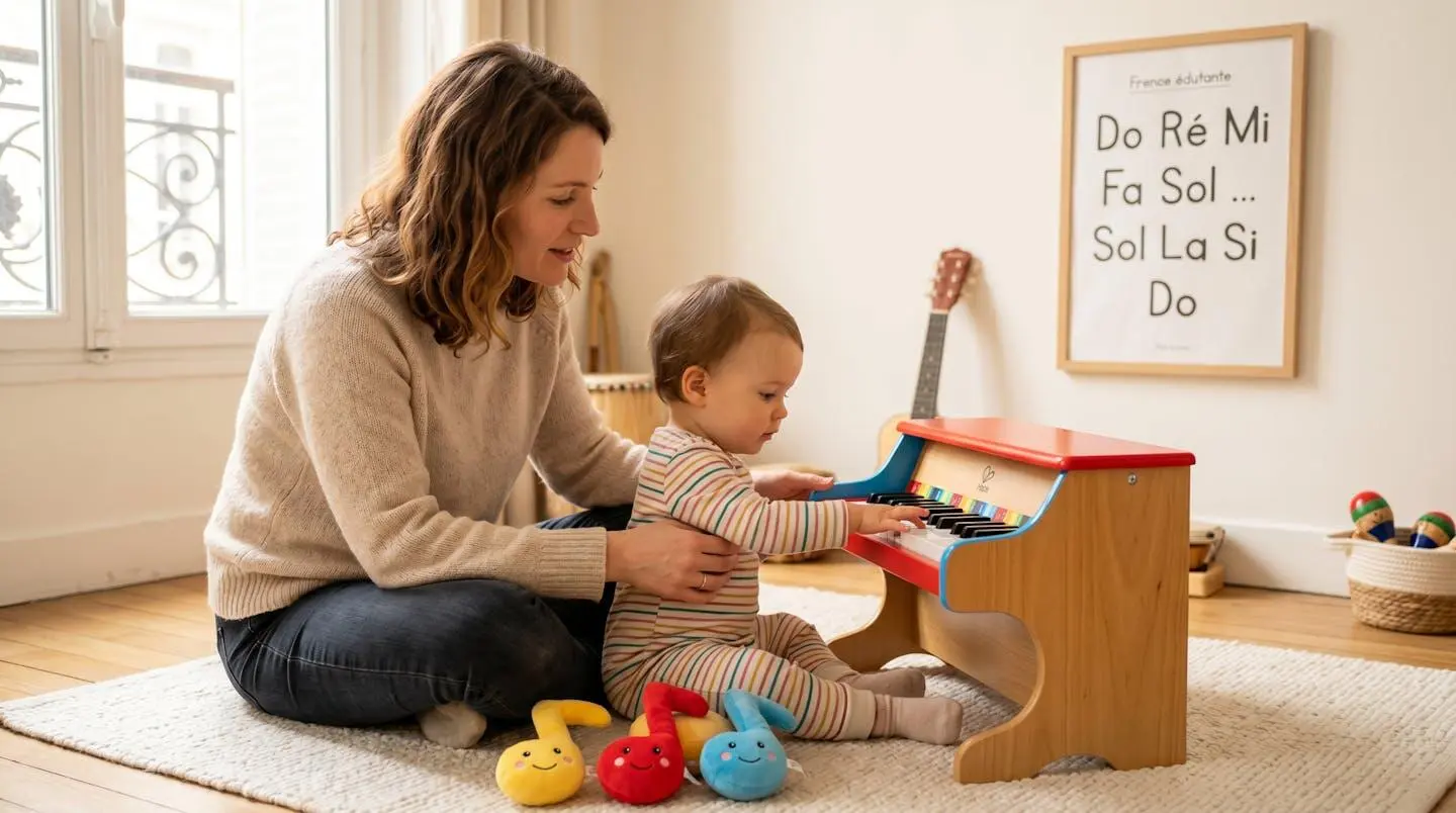 Jeune maman et son bébé de 12-18 mois découvrant ensemble les touches d'un piano numérique adapté lors d'un atelier d'éveil musical parisien lumineux